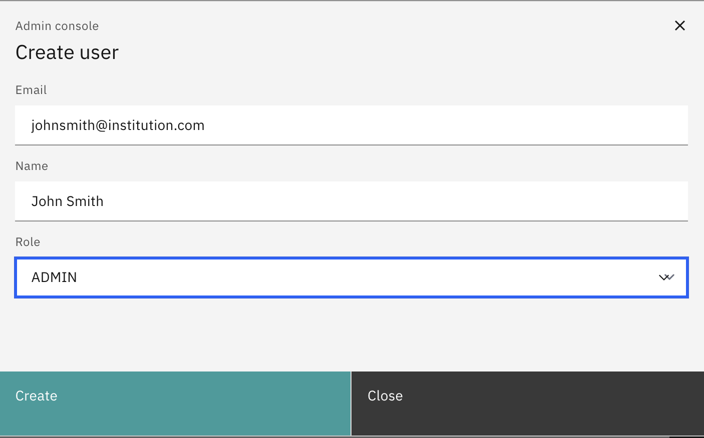Create user modal showing the Role dropdown